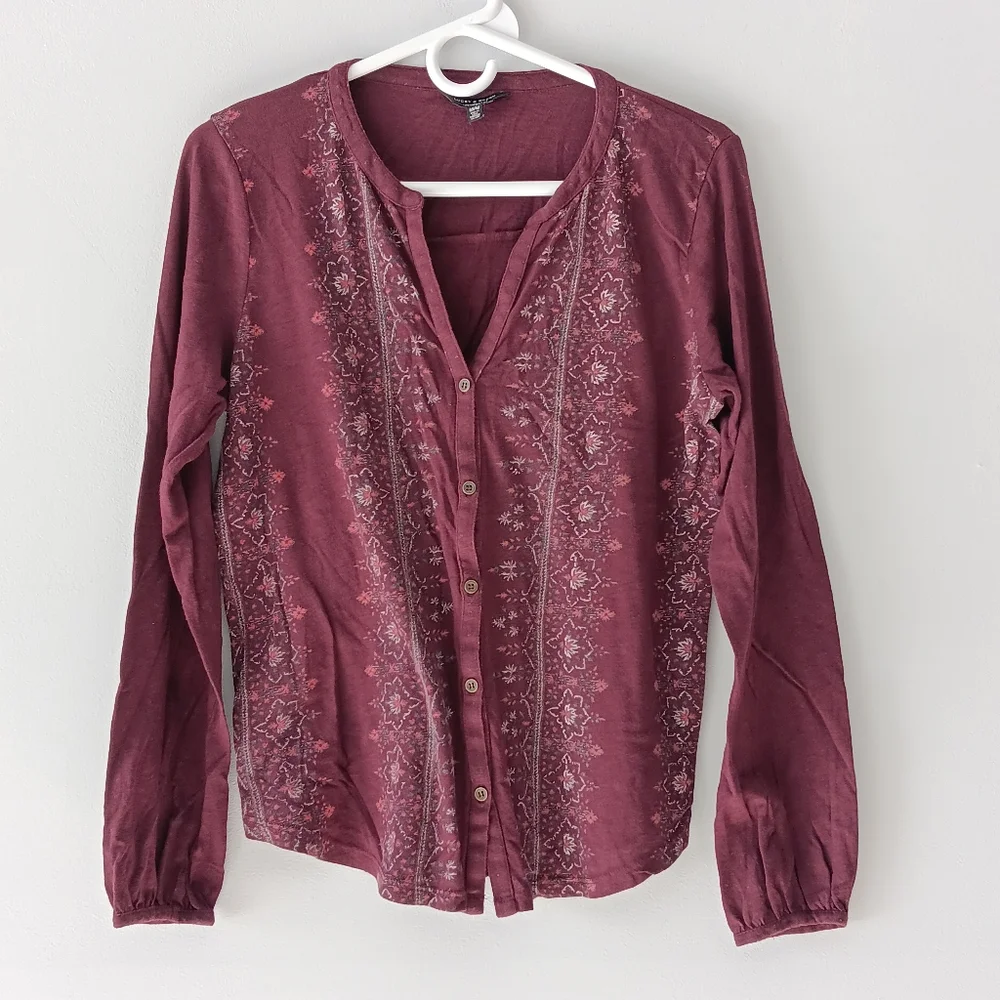 Lucky Brand Long-Sleeved Cotton Blend V-Neck Shirt Floral Purple White Medium - Picture 5 of 14